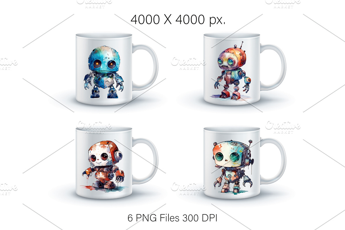 Cute Watercolor Robots. TShirt, an Animal Illustration by KENO Mascots (Photo 5 of 8)