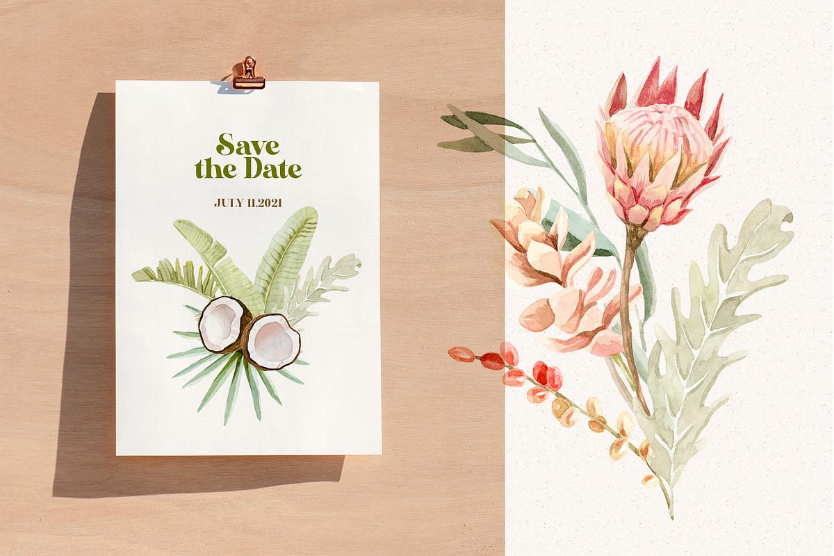 Tropical Flowers, Fruits and Leaves, a Decorative Illustration by Julia M. Watercolor (Photo 9 of 14)