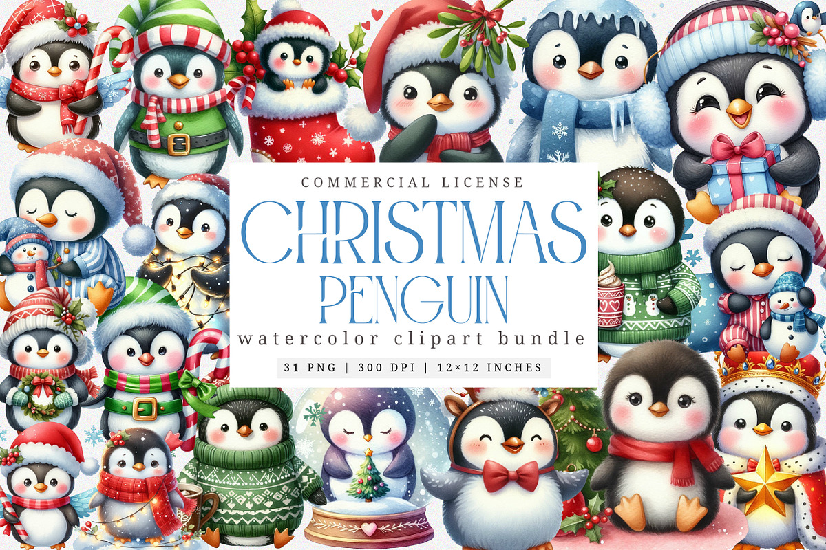 Watercolor Winter Penguin Clipart, an Illustration by SinaCreation (Photo 1 of 7)