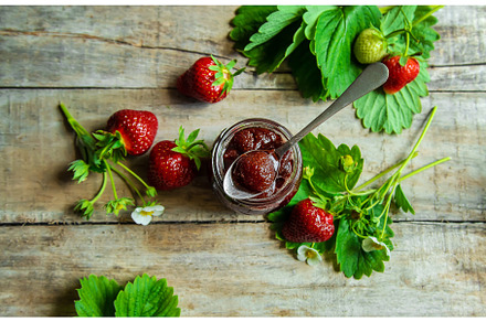 Homemade strawberry jam in a jar, a Food & Drink Photo by yanadjana
