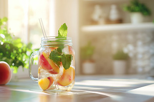 Ice tea with mint and slices of ripe fruits, a Food & Drink Photo by AlyaAnd