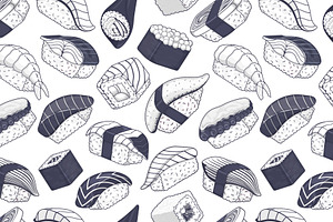 Japanese sushi seamless pattern, a Food Illustration by Yayasya