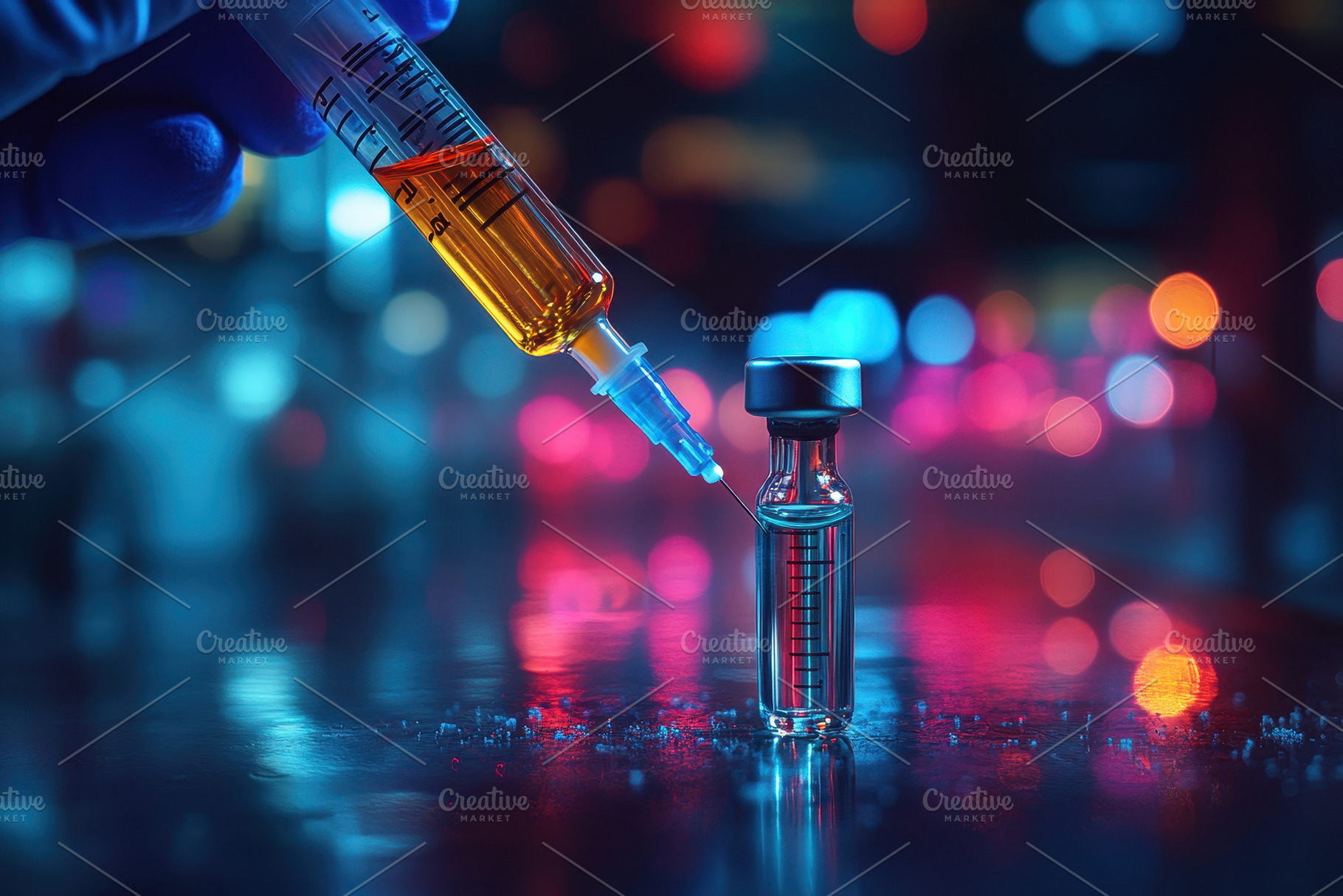 A closer look at a syringe filling w, a Photo by Tanuart
