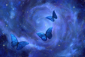 Butterflies fly in a blue galaxy, a Photo by Beautiful things