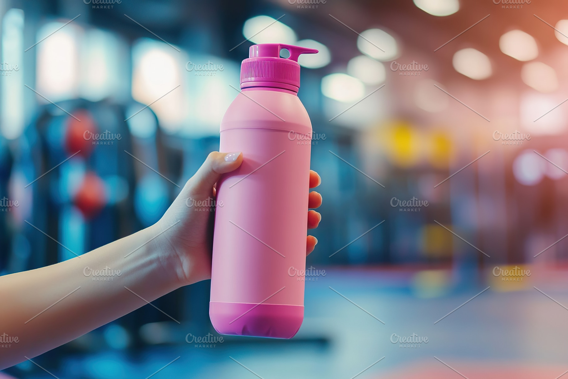 Holding a pink reusable sports bottle in a fitness gym during workout session, a Photo by AlyaAnd