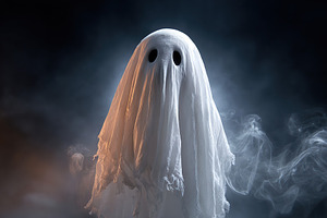 Ghostly figure appears in dark mist at a spooky Halloween night gathering, a Photo by AlyaAnd