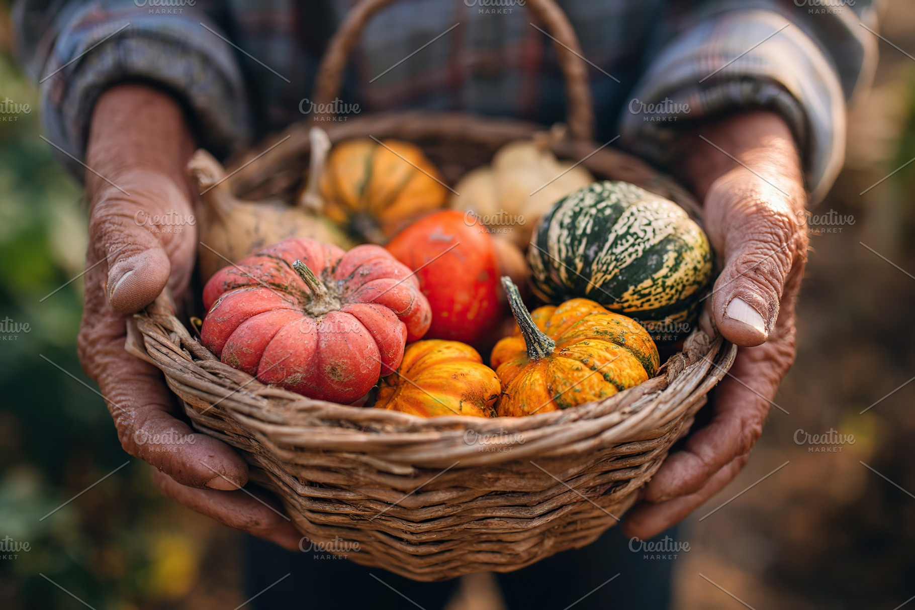 Hands hold a woven basket full of colorful pumpkins during autumn harvest in th, a Photo by AlyaAnd