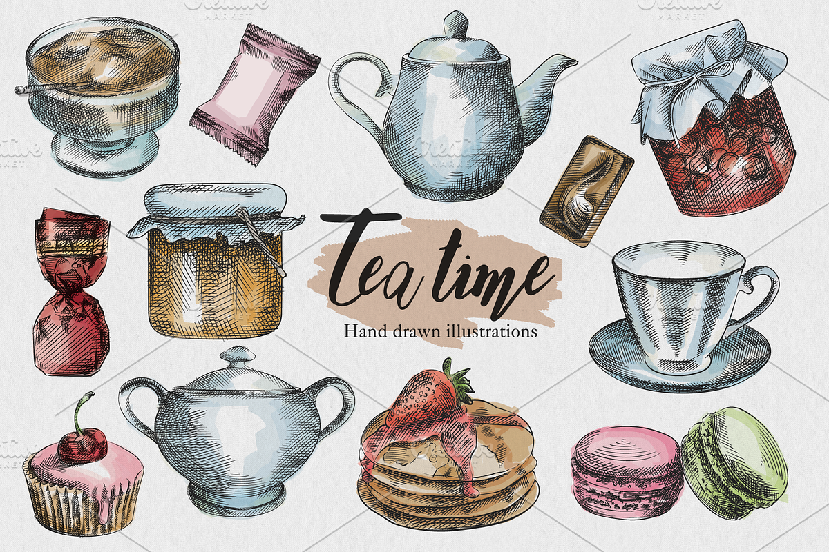 Tea Time Sketch Set, a Food Illustration by Art_Core