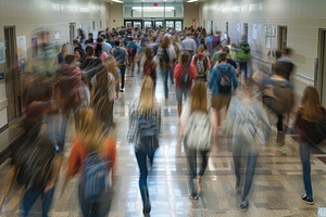 A bustling scene in a school hallway, a Photo by Iftikhar Alam