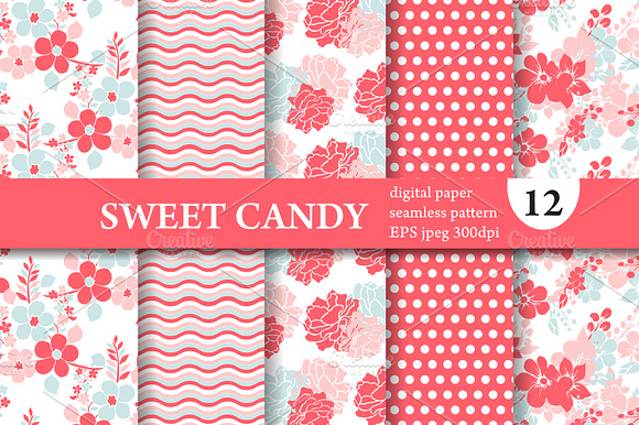 12 Pink Blue Floral Patterns Set preview 5