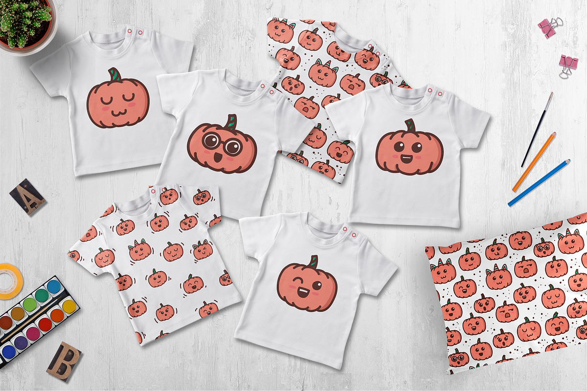 Kawaii Pumpkins. Sticker pack, a Texture Illustration by helgascandinavus (Photo 4 of 7)