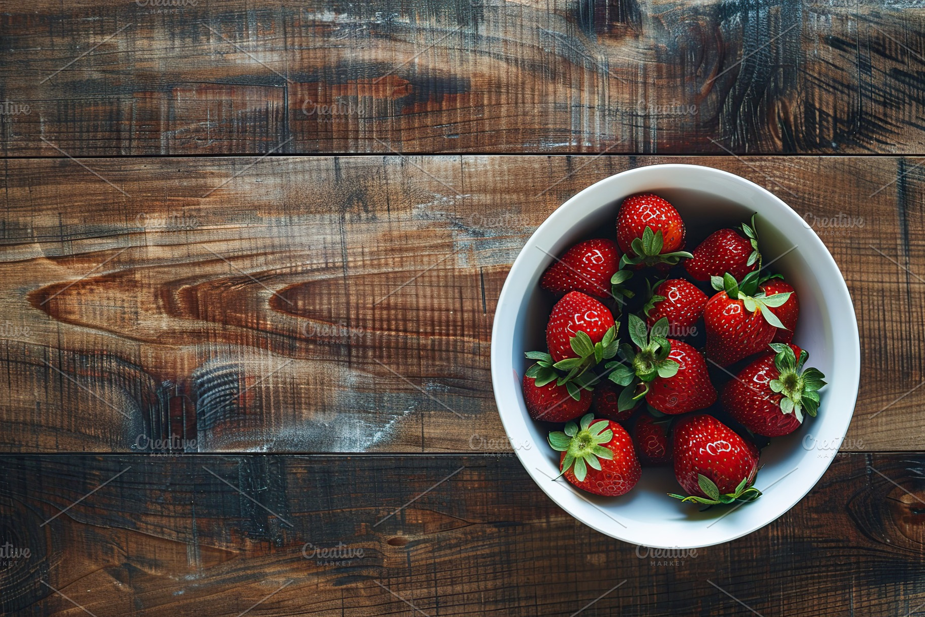 Flat lay of red strawberries in bowl on wooden table, a Food & Drink Photo by AlyaAnd