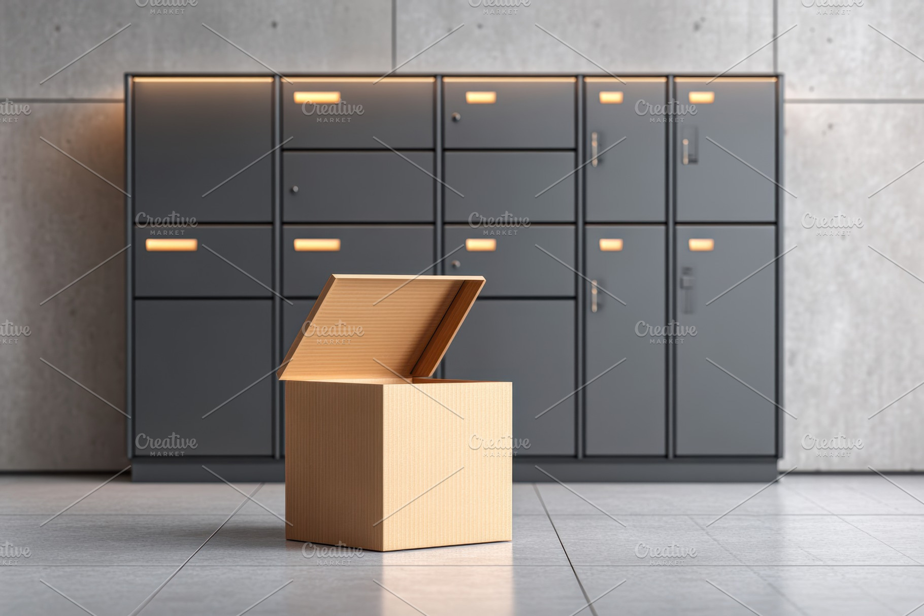 Open box in front of modern lockers, an Industrial Photo by AlyaAnd
