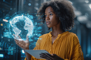 Woman interacts with global network, a Photo by Pixeness Studio