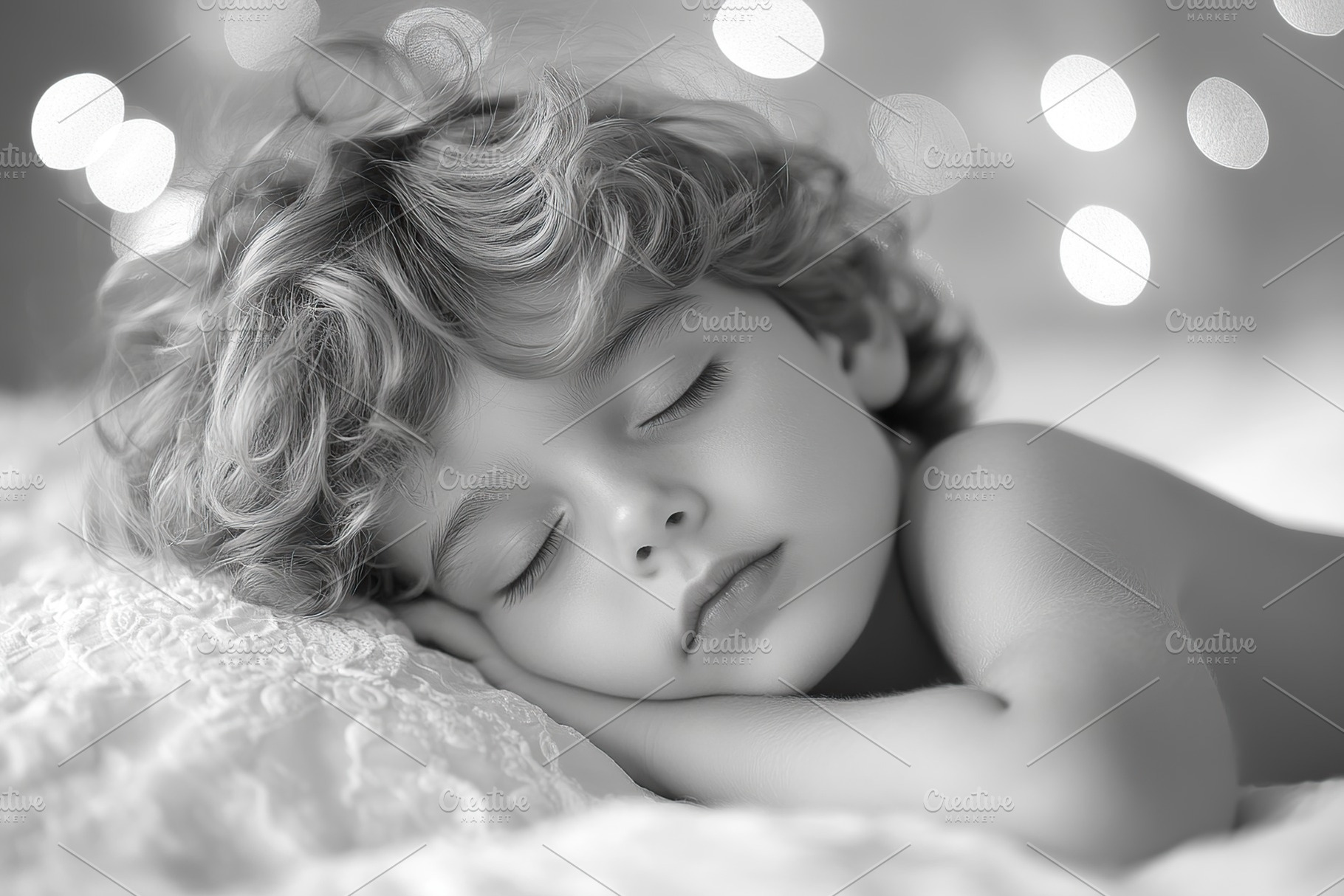 Little child boy sleeps in a crib in black and white colors, a Person Photo by AlyaAnd