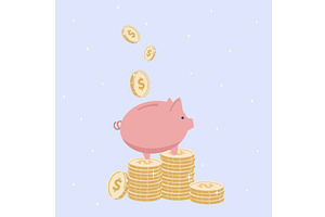 Piggy bank on gold coins stacks, a Finance Illustration by Valerie Bodnar