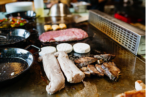 Grilled meat and vegetables on, a Food & Drink Photo by HalfPoint