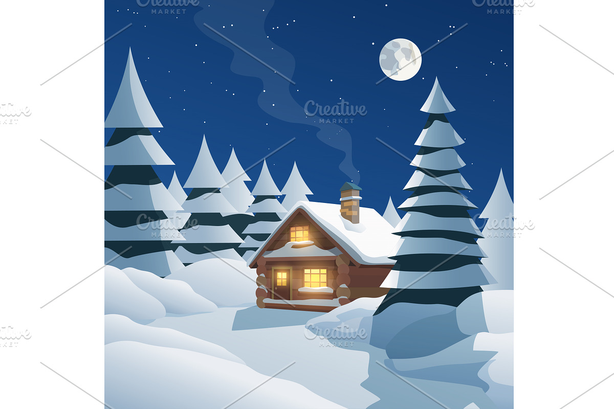 a cozy winter cabin under full moon, an Illustration by IfH
