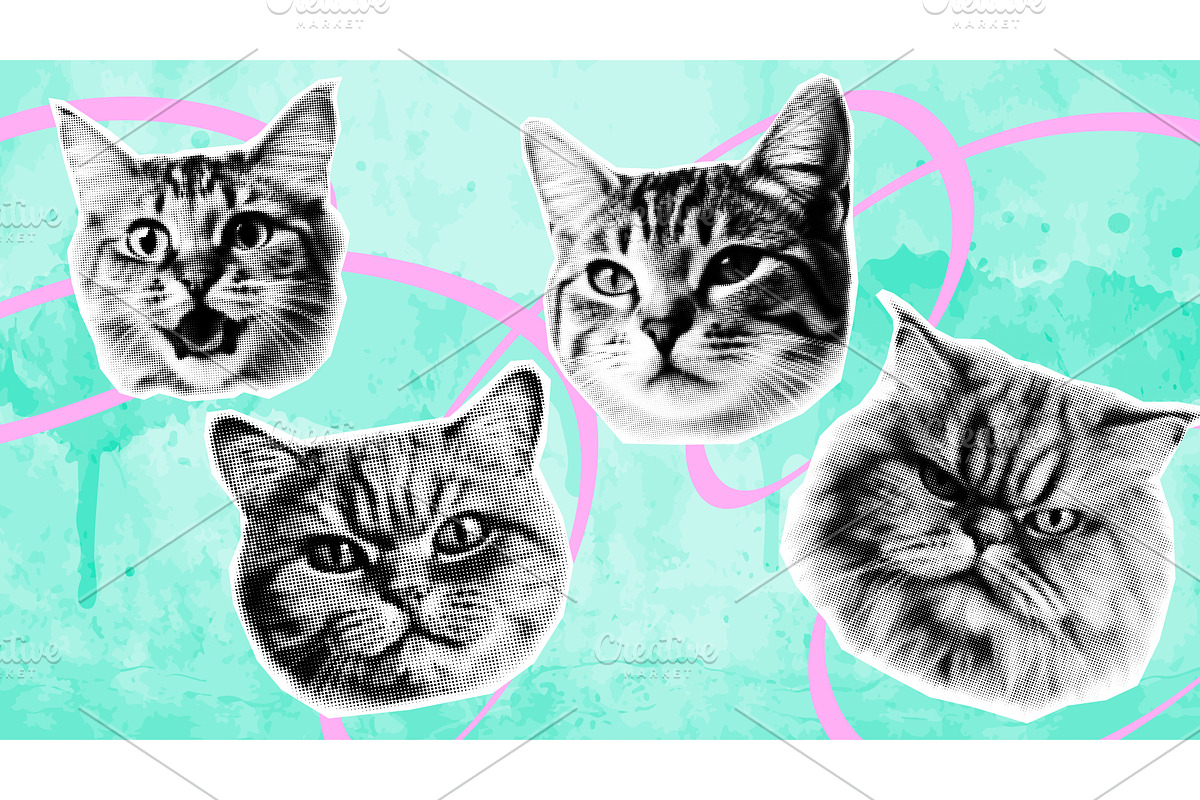 Cat heads collage elements for, an Illustration by Simple Patterns