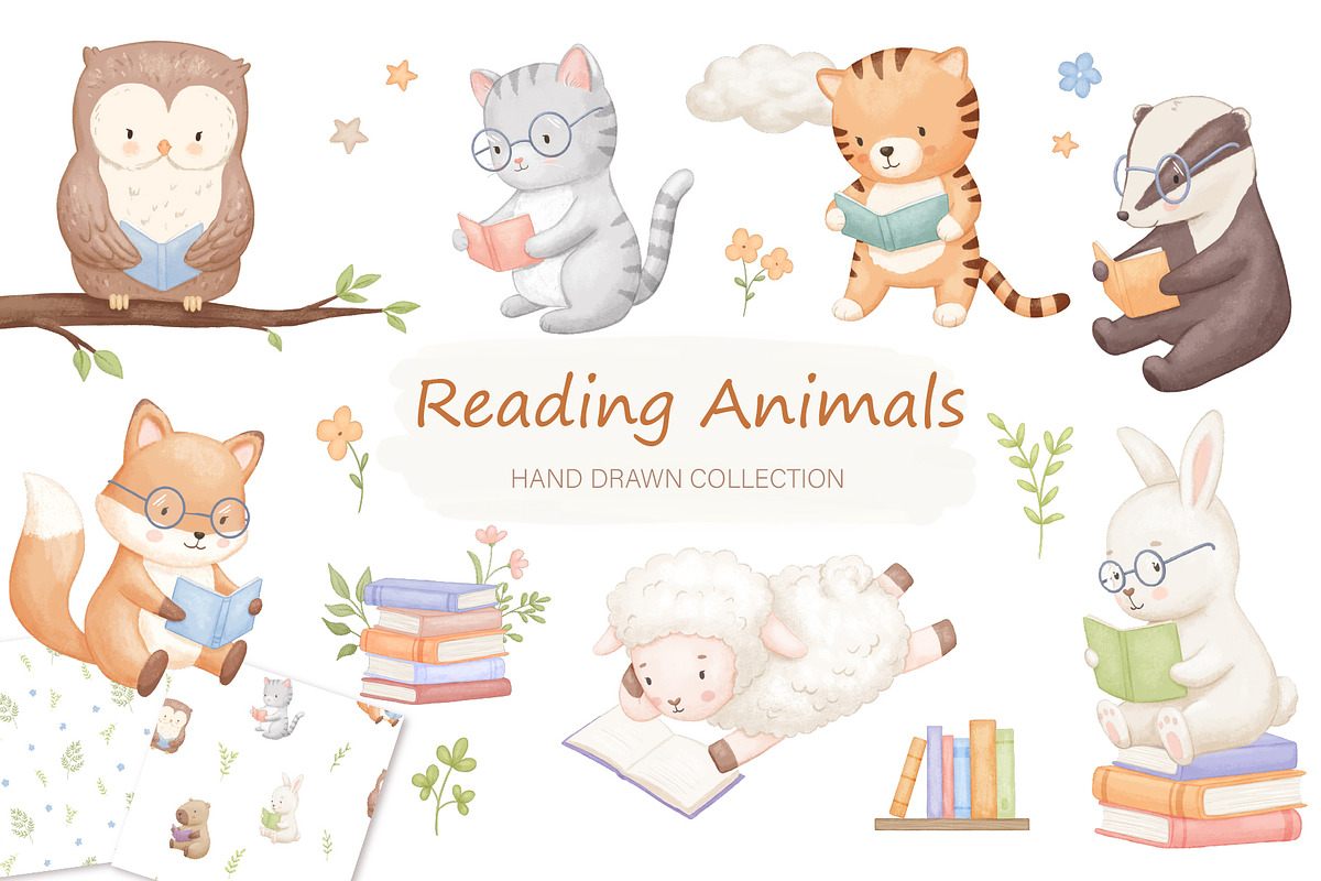 Reading Animals Watercolor Clipart, an Animal Illustration by ElenaPlatovaArt (Photo 1 of 22)