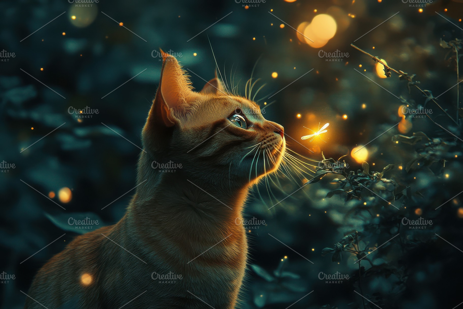 Orange Cat Gazing at Firefly Magic N, a Background Photo by Pixeness Studio