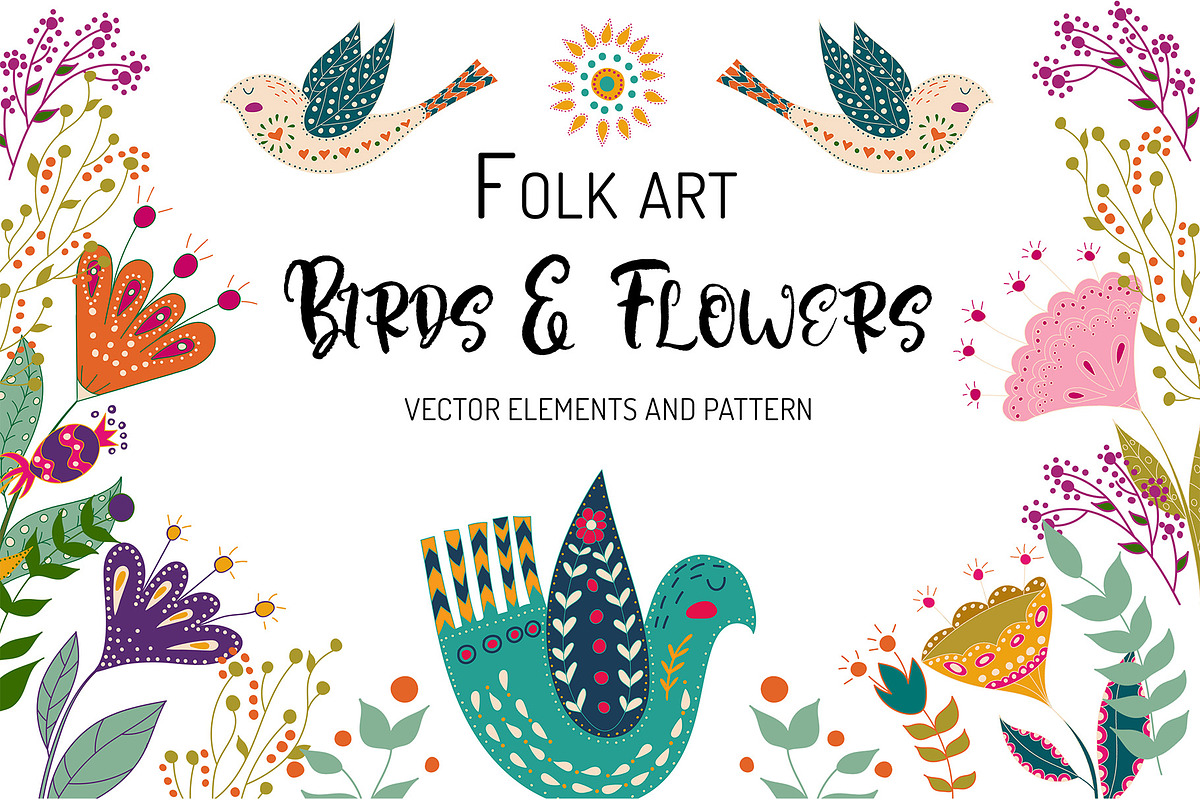 Folk art Birds and Flowers, a Decorative Illustration by Olesya Agudova (Photo 1 of 8)