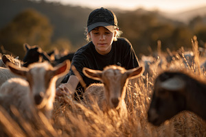 Boy tending goats at sunset golden l, a Photo by Pixeness Studio