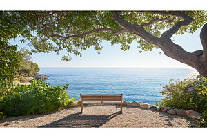 Serene ocean view from bench under, a Nature Photo by Lermont51