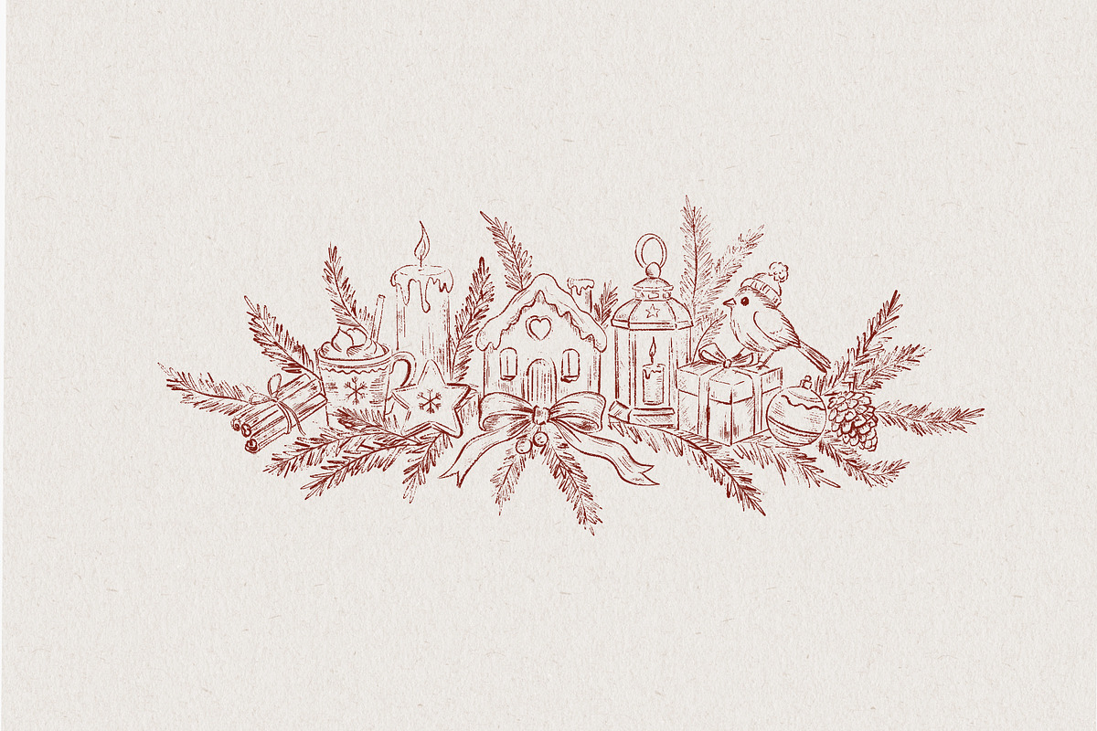 Burgundy Vintage Christmas Line Art, a Decorative Illustration by AlenaVlasko stock Market (Photo 7 of 7)