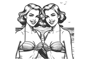 Smiling twin women in vintage beach, a Person Illustration by AlexArt