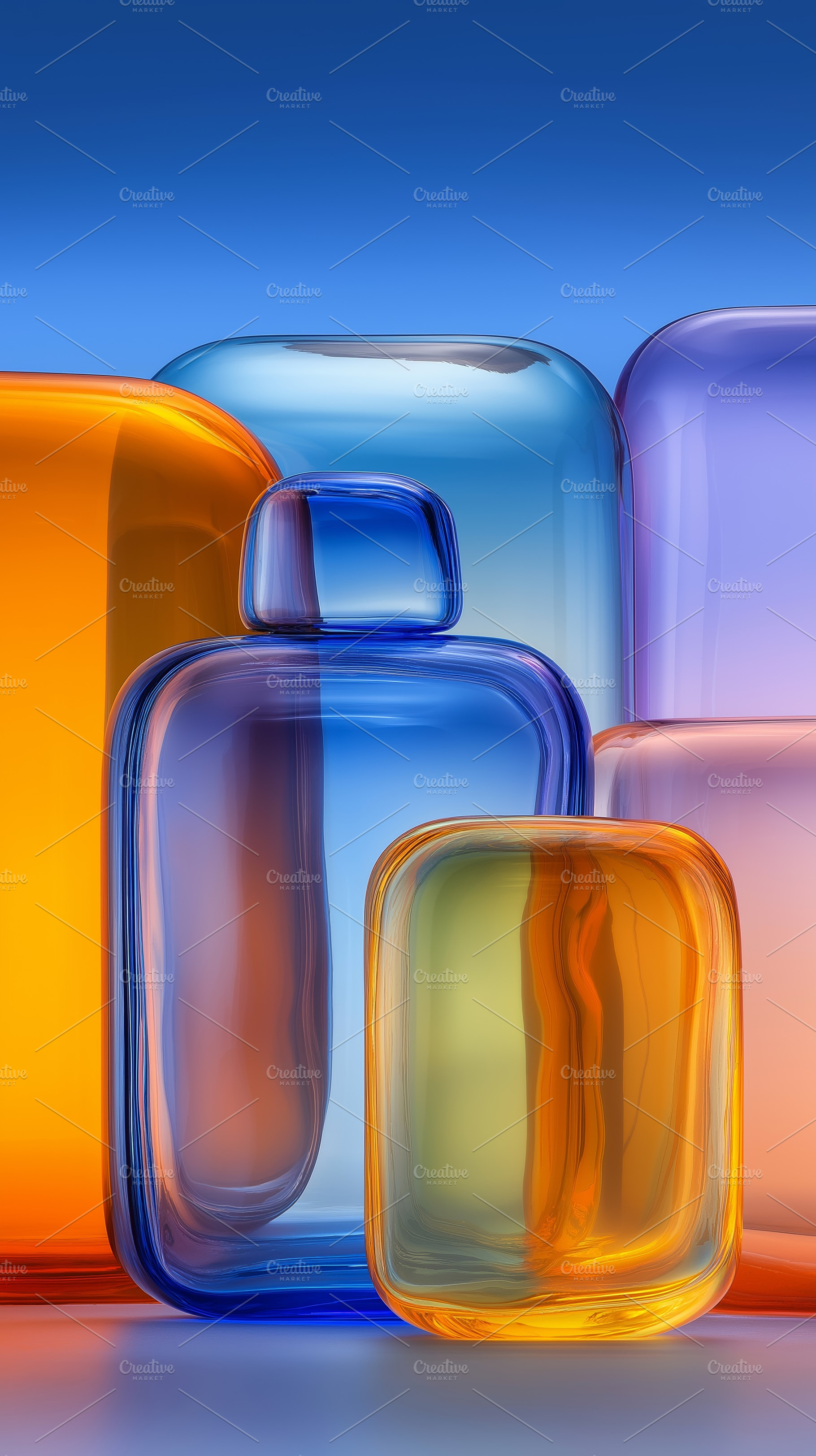 Colorful Glass Bottles in Abstract Modern Composition, an Abstract Photo by Ocean Digital Art