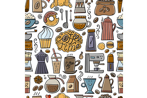 Coffee Doodles, Seamless Pattern For