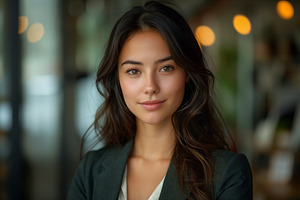 A confident young woman with long, dark hair and a warm smile, exuding professi, a Person Photo by ImageMir