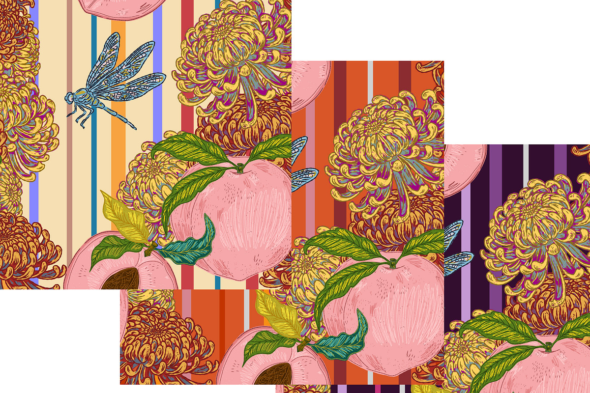 Peach, Chrysanthemum and Dragonfly, a Pattern Graphic by NayaChu (Photo 7 of 9)