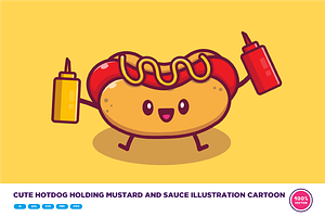 Cute Hotdog Holding Mustard Cartoon