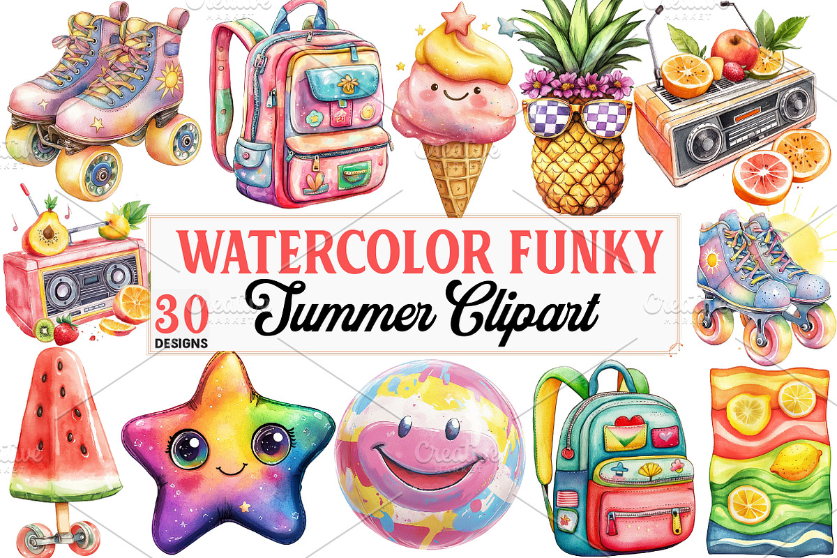 Funky Summer Clipart, an Illustration by Watercolor design (Photo 1 of 5)