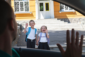 Kids wave goodbye to their father, a School & Education Photo by Eni_fly