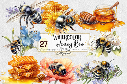 Watercolor Spring Garden Bee and Hon