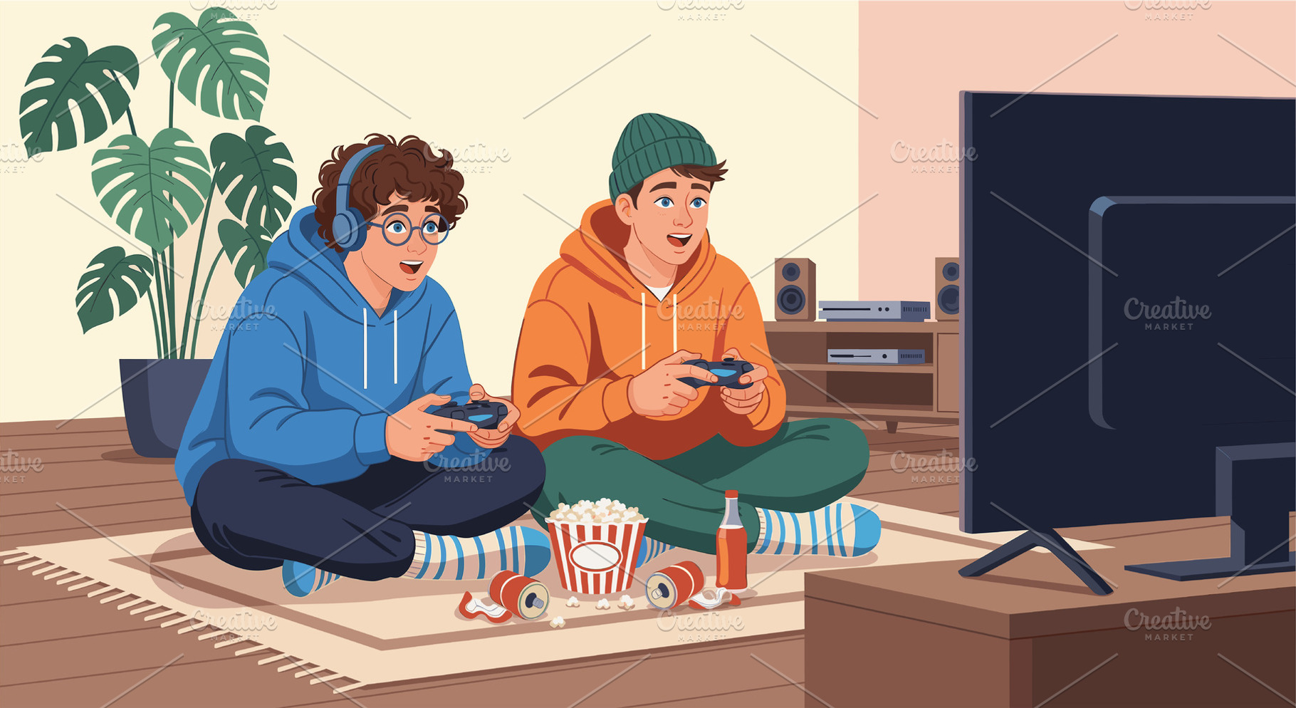 Teenagers playing video games, a Photo by angellodeco