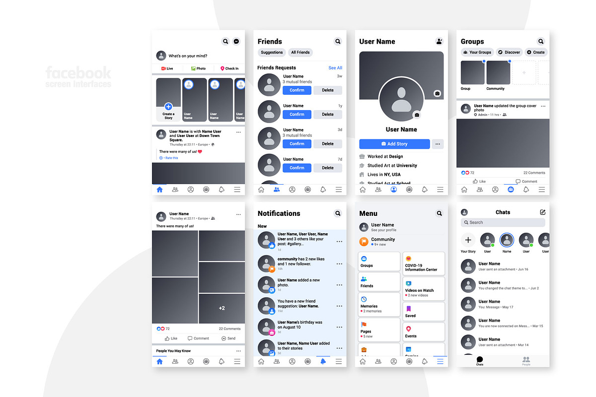 Facebook Screen Interfaces, a Social Media Template by karnofff