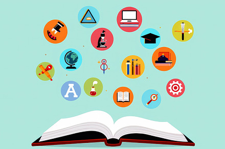 Open book with floating educational, a School & Education Photo by Perpis