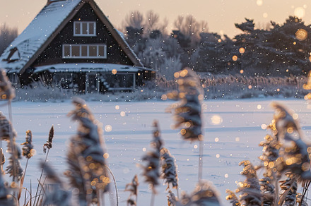 Winter landscape at sunset and house, a Nature Photo by Virgo Studio