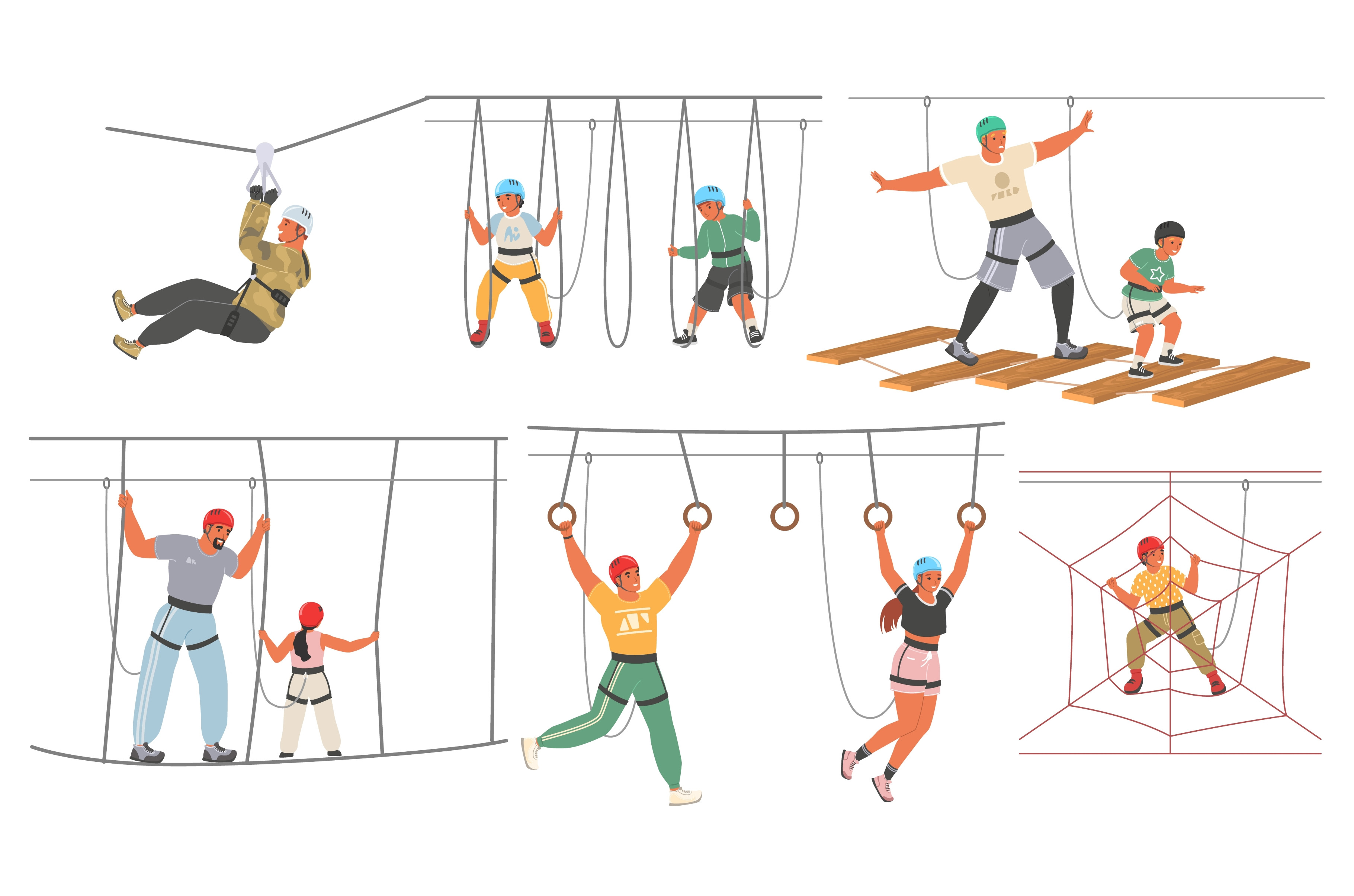 Adults and kids in rope adventure, an Illustration by Siberian Art ...