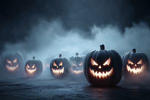 Creative Halloween jack-o'-lanterns glowing in misty atmosphere, a Holiday Photo by OSORIOartist