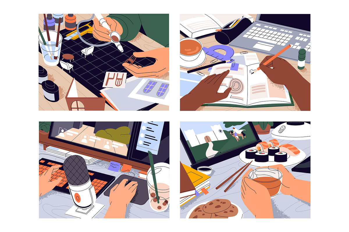 Hands at desk, creative work, hobby, a Work Illustration by PaperTrident (Photo 1 of 2)