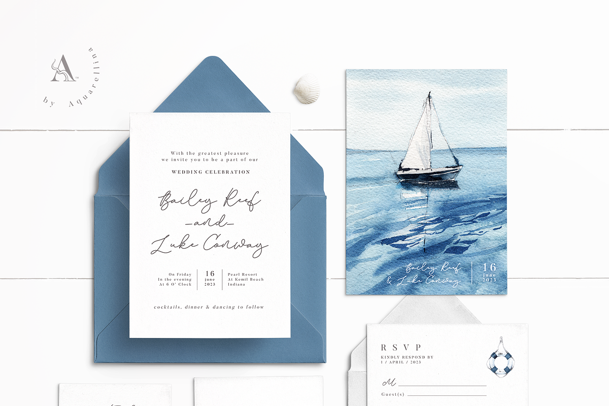 Nautical Wedding Invitations BUNDLE, an Invitation Template by Aquarellina (Photo 4 of 21)