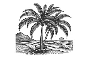 tropical beach with palm trees and, an Illustration by AlexArt