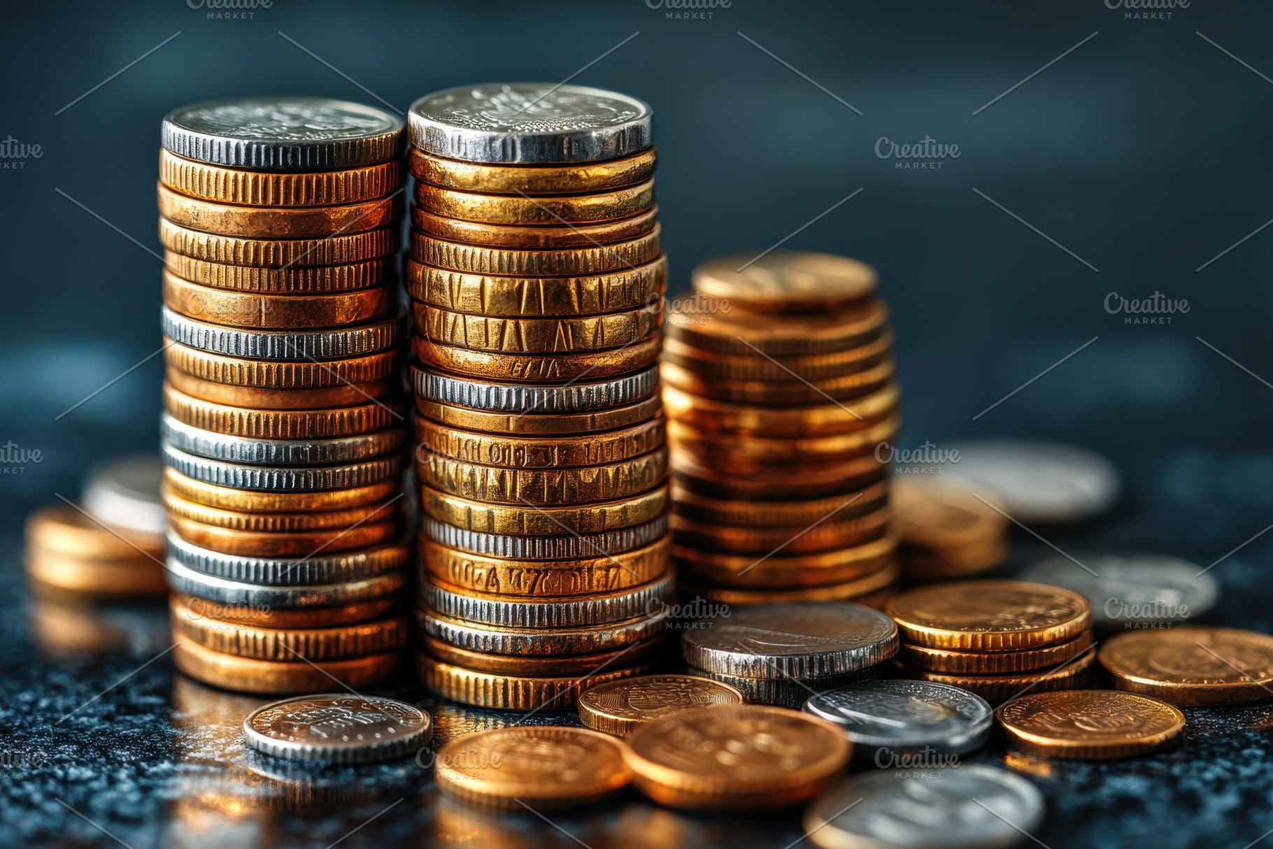Stacks of coins arranged neatly on a, a Photo by Tanuart