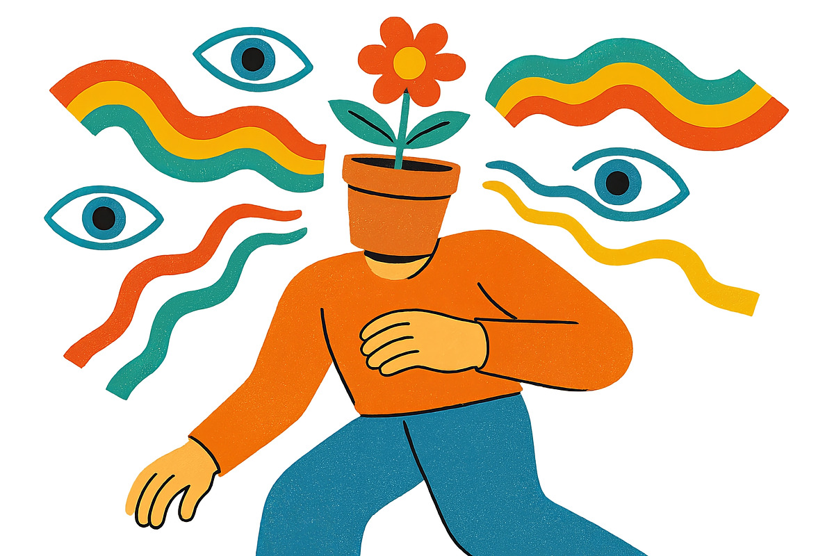 Surreal animated figure with flower, an Illustration by Dvoevnore photos