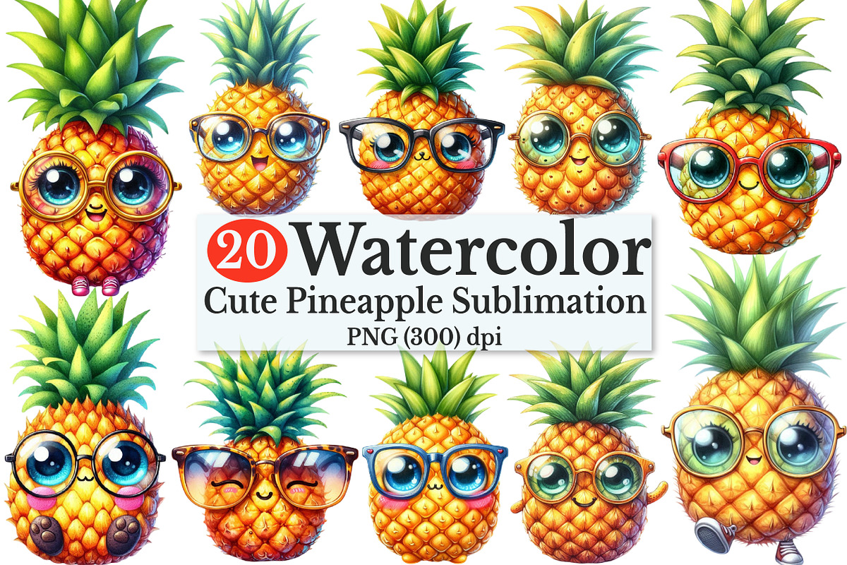 Watercolor Cute Pineapple Clipart, a Seasonal Illustration by Rose Art (Photo 1 of 7)